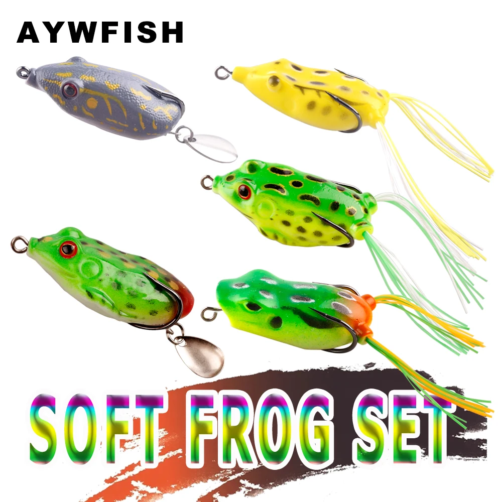 

AYWFISH 5PCS / LOT Lifelike Soft Frog Fishing Lures 11G / 12G / 12.5G Topwater Artificial Baits Silicon Ray Frogs Fish Tackle