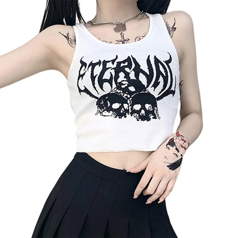 

Женский укороченный топ без рукавов, Готическая футболка в рубчик с рисунком черепа и надписью, Облегающая майка