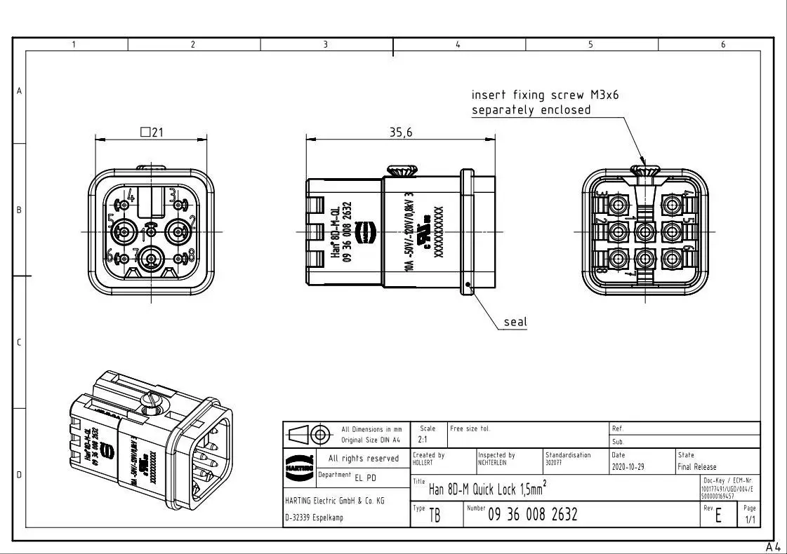 09360082632 HARTING Connector Fast Male Core HAN-8D-M-QL 10A