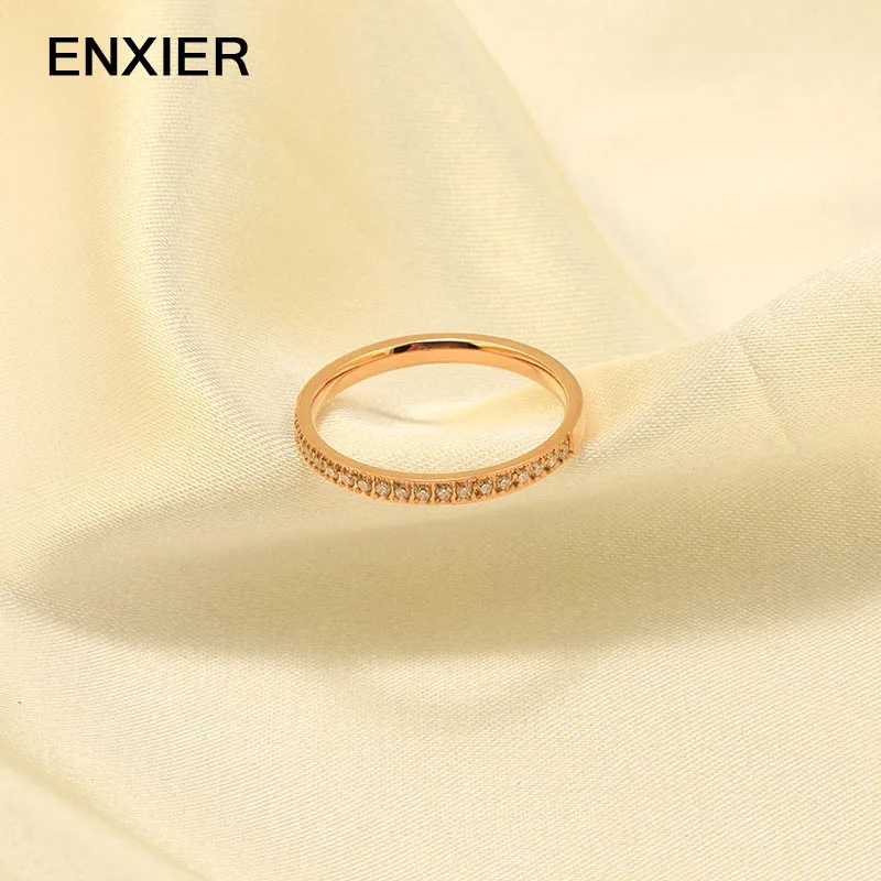 

ENXIER Fashion Luxury Rose Gold Color Zircon Ring For Women 316L Stainless Steel Simple Ladies Ring Wedding Jewelry
