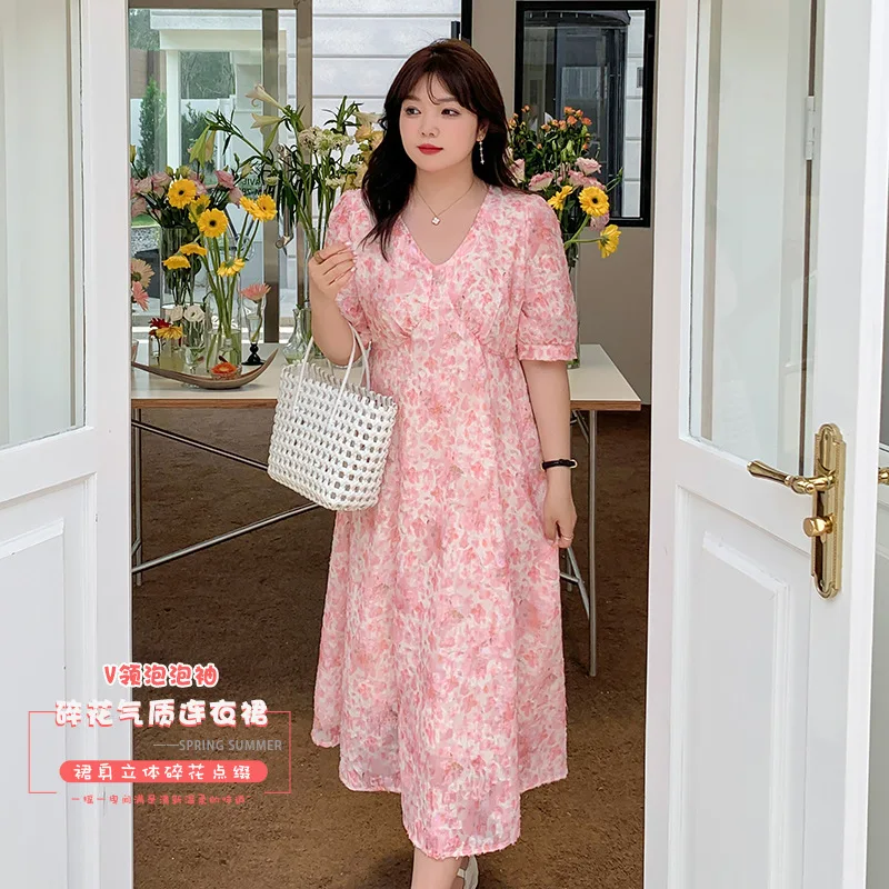 

2023 Summer New Plus Size Women's V-neck Bubble Sleeve Floral Temperament Dress Pink Dress Summer Dress Let In Air Fair Maiden