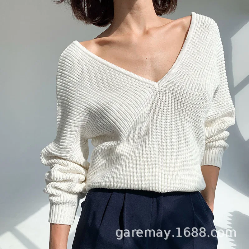 

Women's Oversize Sweater Knitted Autumn Winter V Neck Blue Thick Knit Pullover 2021 Long Sleeve White Warm Sweaters for Women