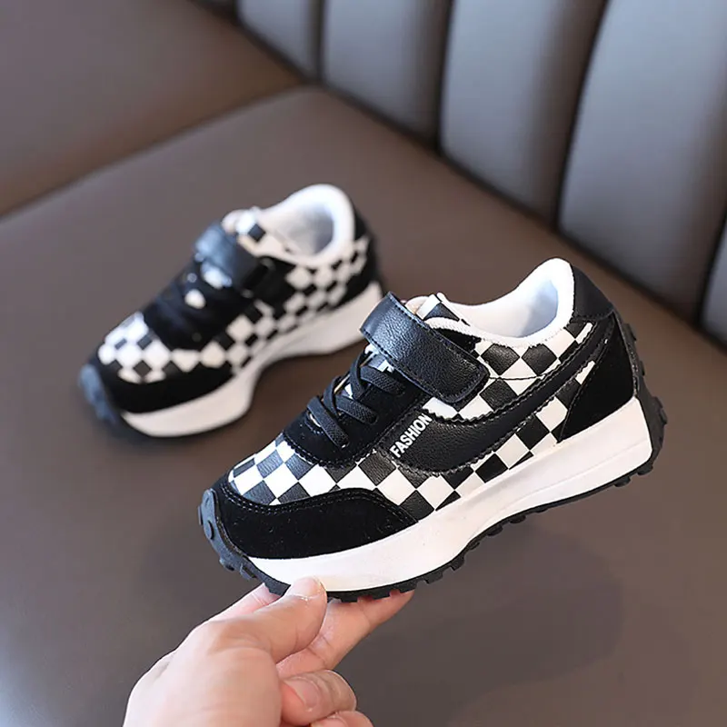 

2022 Spring Kid Fashion Sneakers Boy Girl Hook and Loop Shoes Checkered Child Casual Sport Walk Shoe Girls FootWear Size 26-36