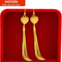 hoyon pure brass 24k yellow gold color womens ear jewelry heart tassel earring for wedding jewelry with gift box free shipping