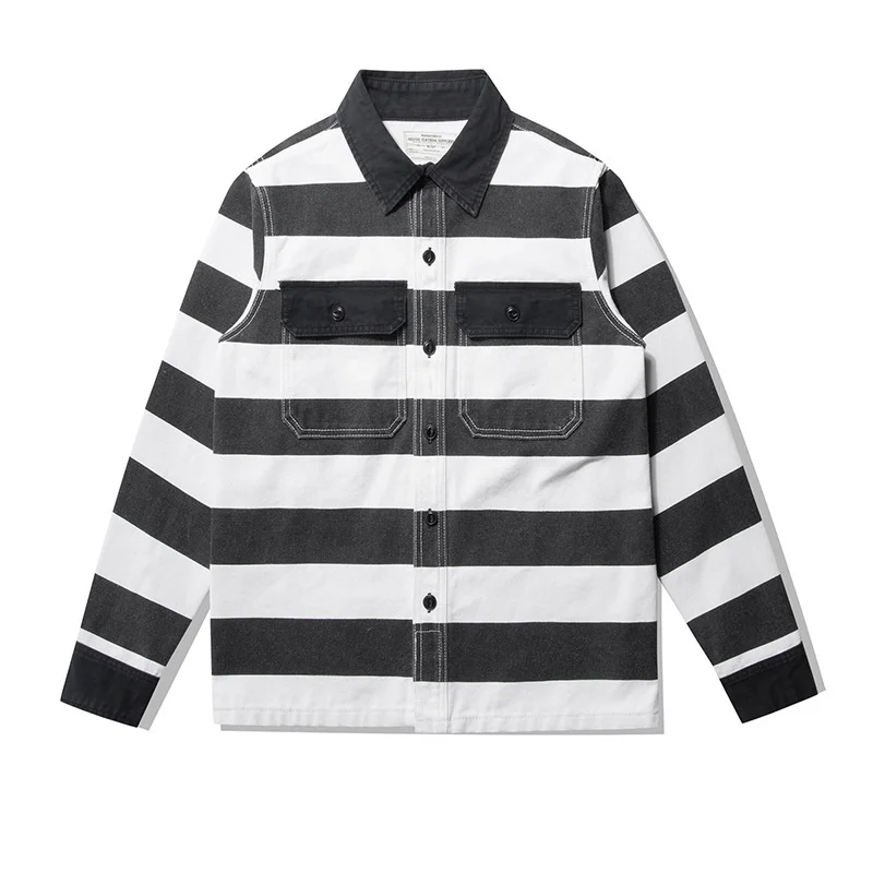 

2023 America Style Mens High Quality Dense Canva Black White Striped Coats Casual Heavyweight Motocycle Jacket Male