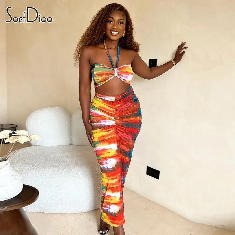 

Soefdioo Tie Dye Two Piece Set Women Sexy Lace Up Wrapped Chest Tank Top and Bodycon Maxi Skirt Suit 2023 Fashion Beachwear