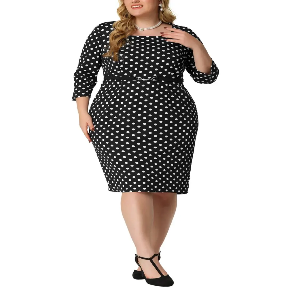 

HMCN Women`s Plus Size Short Sleeve Polka Dots Bodycon Business Pencil Dress