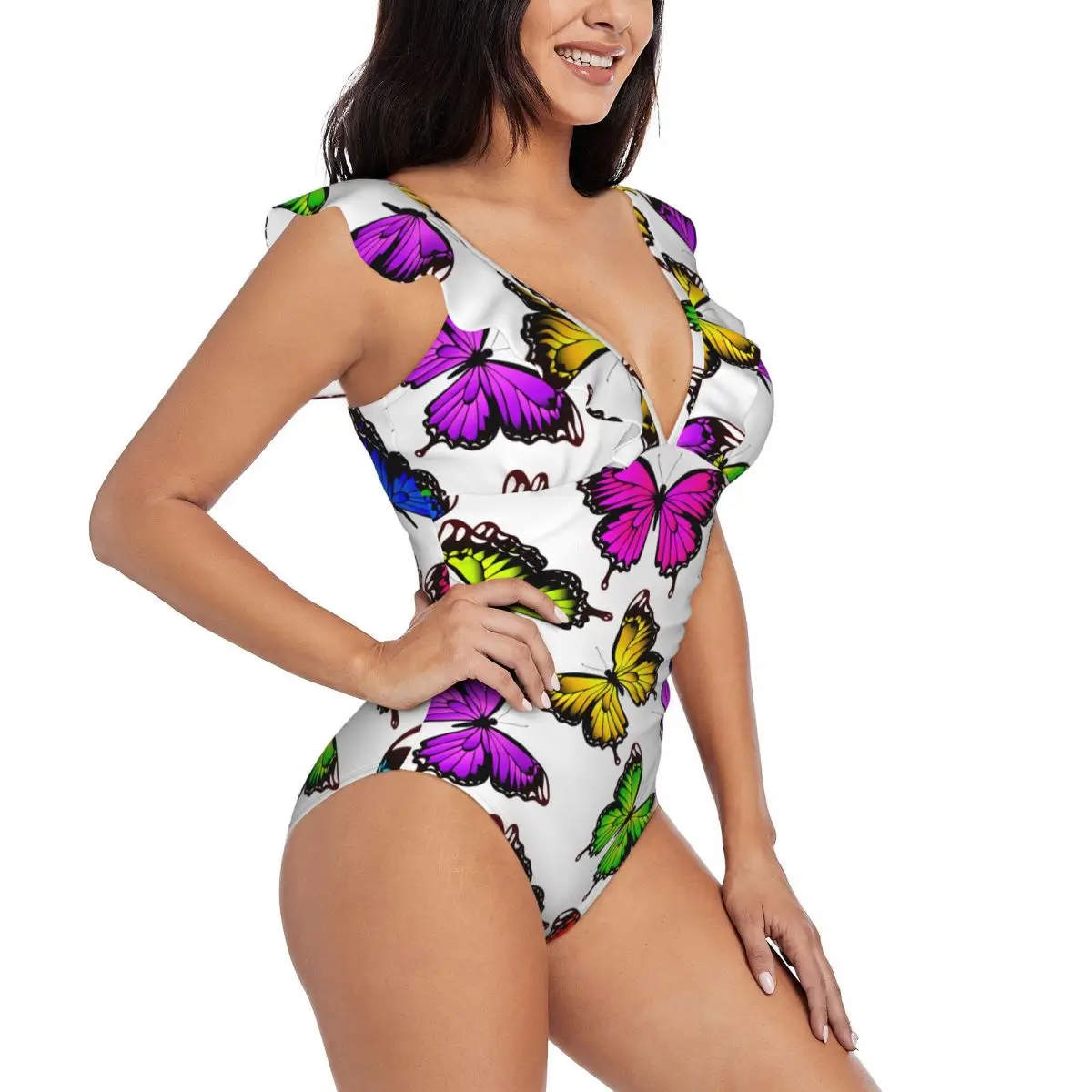 

Sexy One Piece Swimsuit 2023 Women Beautiful Butterflies Ruffled Swimwear Monokini Female Bodysuit Girl Beach Bathing Suit