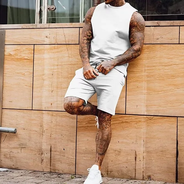 Clothes for Men 3D Printed T-shirt Suits Solid Color Graphic 2023 Summer Hot Sale Designer Round Neck Ropa Sleeveless 2 Pcs