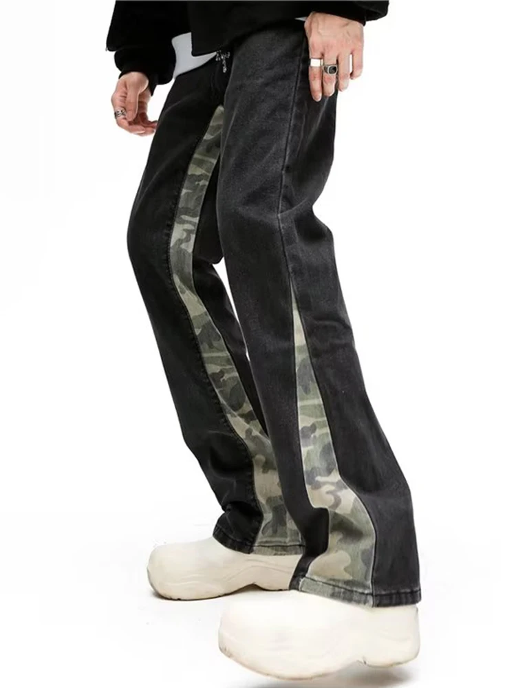 American Retro Stitching Camouflage Jeans Men's Comfortable Loose Jeans VIBE Style Micro -flared Pants Long Pants Men's Clothing