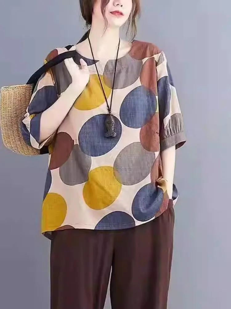 Cotton and Linen Fashion Women clothes Casual Short sleeve T-shirt 2024 Summer New Chubby Girl Belly Covering Slimming Loose ...