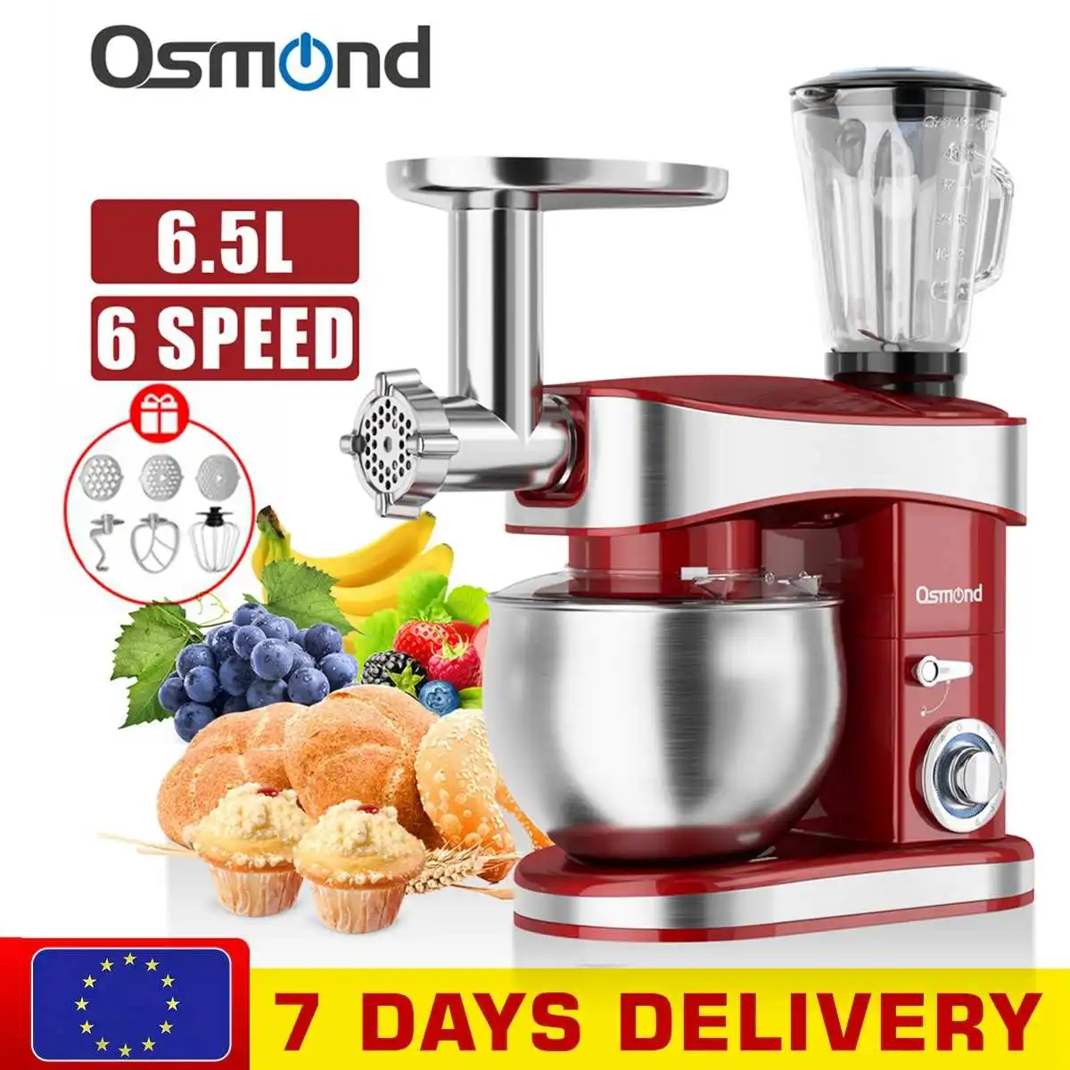 OSMOND Food Stand Mixer 6.5L Stainless Steel Bowl 1200W 6 Sp
