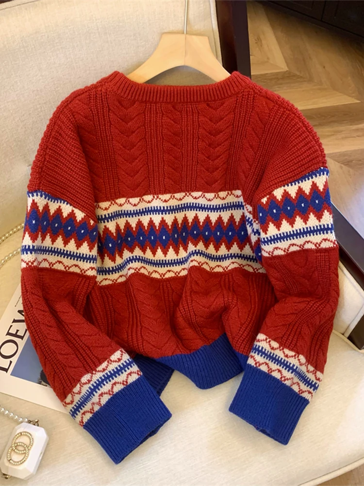 Женский рождественский красный пуловер свитер в стиле Харадзюку корейский