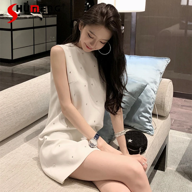 

Heavy Industry Beads Rhinestone Vest Dress Women 2022 New Summer Vestdios Feminino Crew Neck Sleeveless White Mini Dress Party