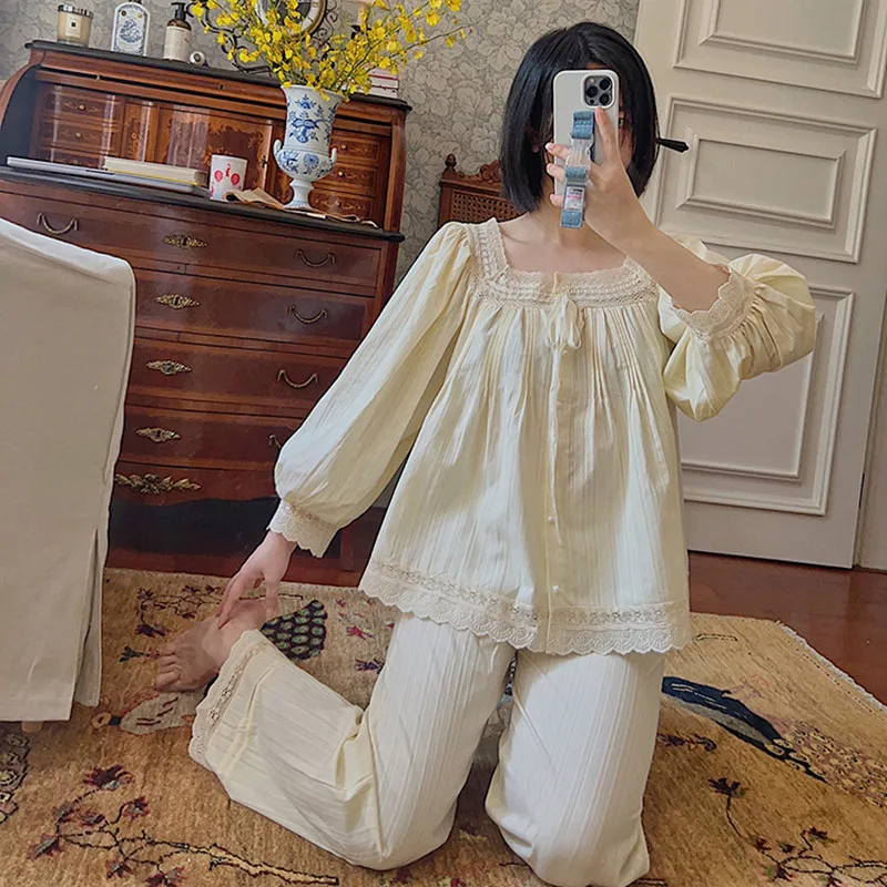 Женская весенняя одежда для сна из 100% хлопка милые кружевные пижамы с квадратным