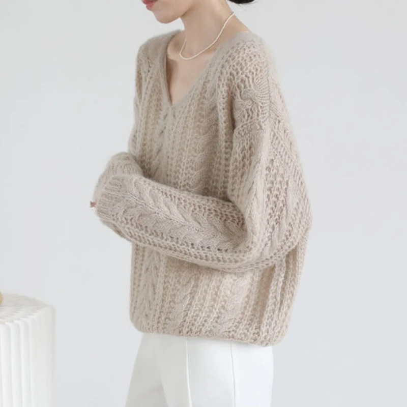 

Chic Fashion Hollow Out Knitted Tops Warm and Soft Woll Pullovers New Autumn Sweaters Women Casual Loose V-neck Clothes 28445