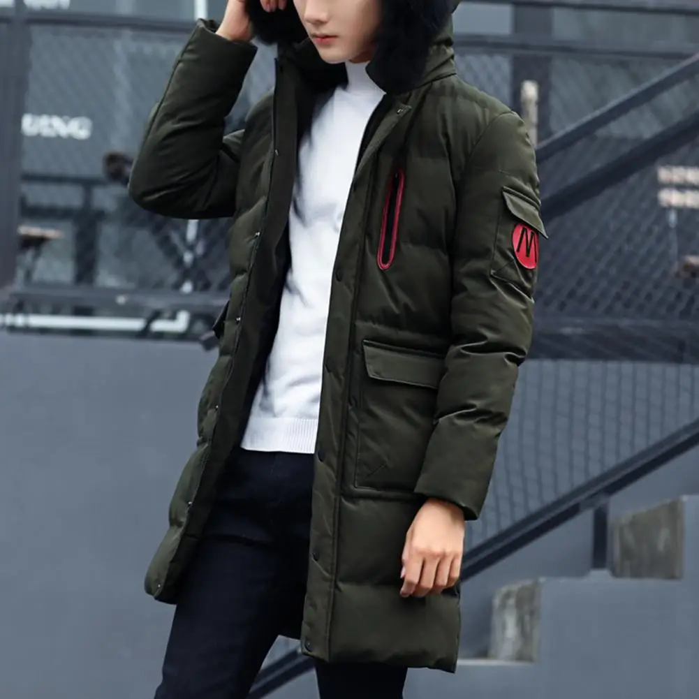 Men Hooded Jacket Cotton Padded Solid Color Long Sleeve Removable Faux Fur Collar Overcoat Winter Fluffy Filling Windbreaker Str