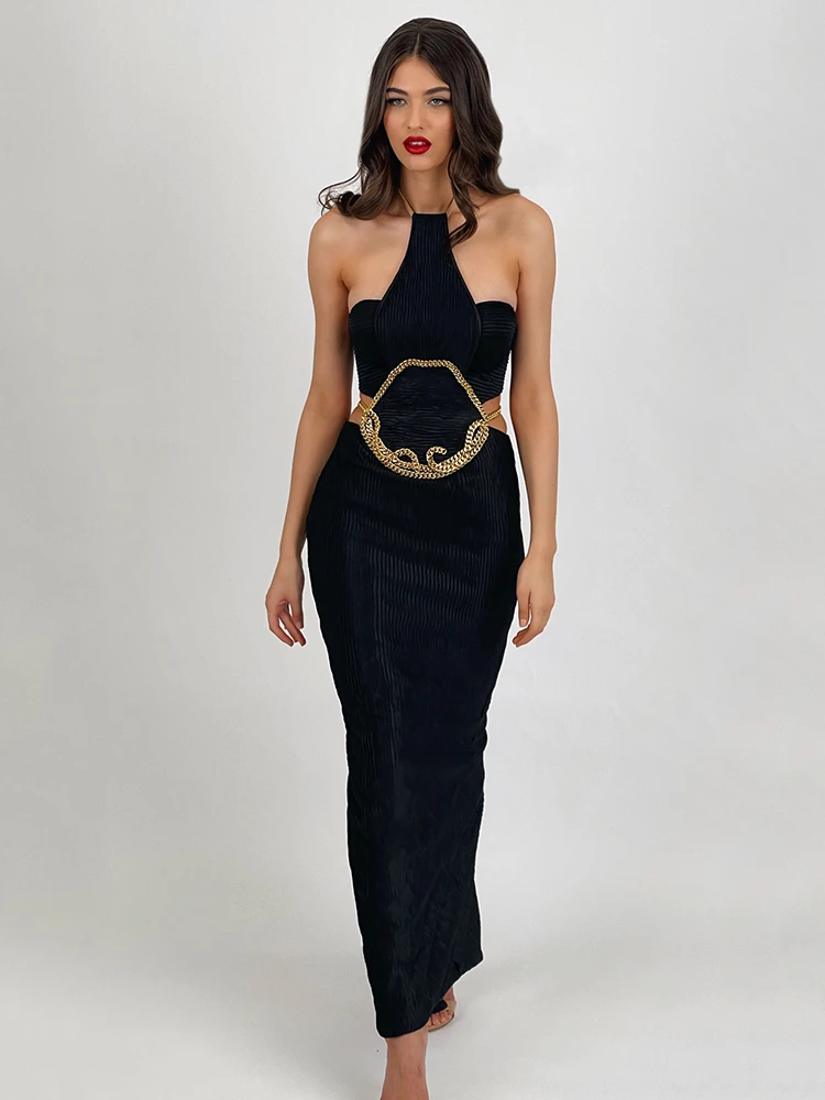 

BEVENCCEL Sexy New Summer Women's Open Back Cutout Bandage Dress Fashion Chain Sleeveless Elegant Celebrity Party Dress 2023