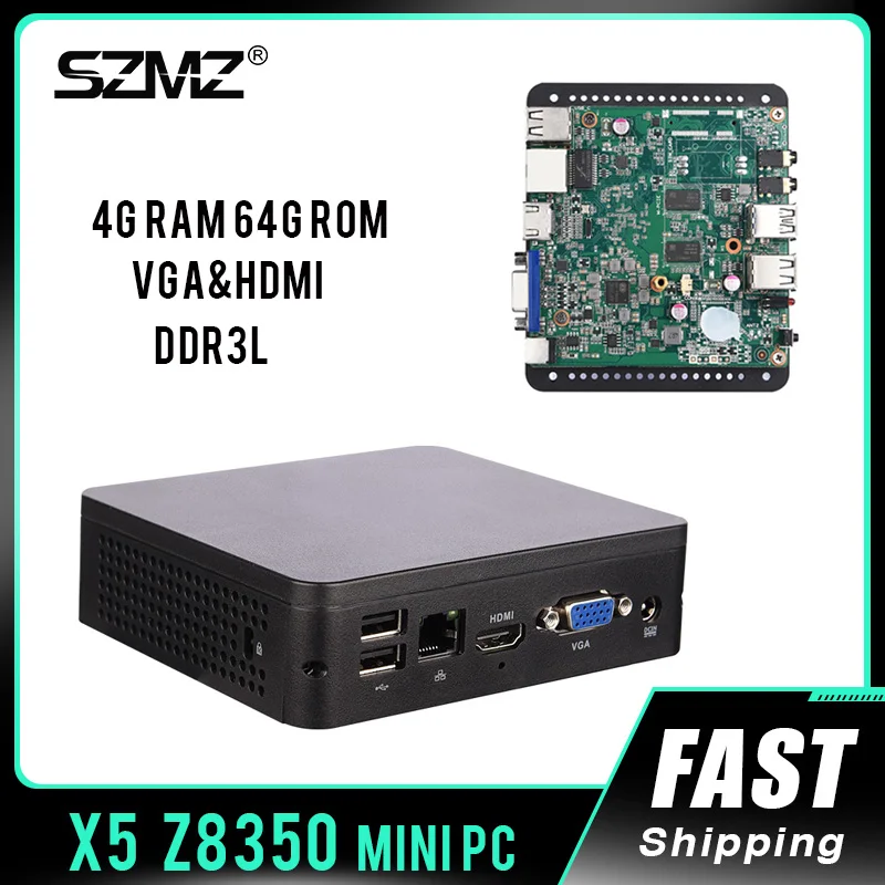 

SZMZ MINI PC X5 Z8350 1.92GHz 4GB RAM 64GB SSD Wnidows 10 Linux Support 2.5 Inch HDD, VGA&HDMI Dual Output, WIN10 TV BOX