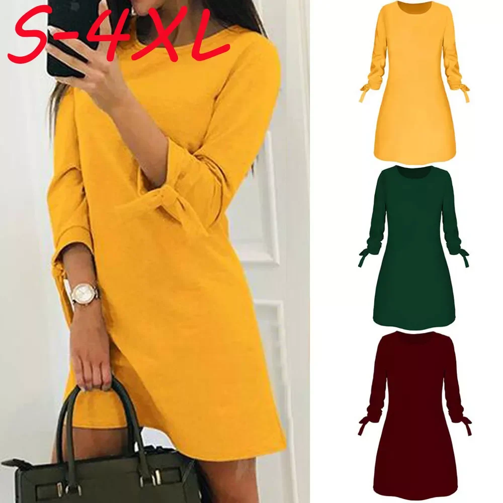 

Новинка, женское модное однотонное элегантное прямое платье с круглым вырезом и бантом, весенние Свободные мини-платья, Женское Платье-туни...