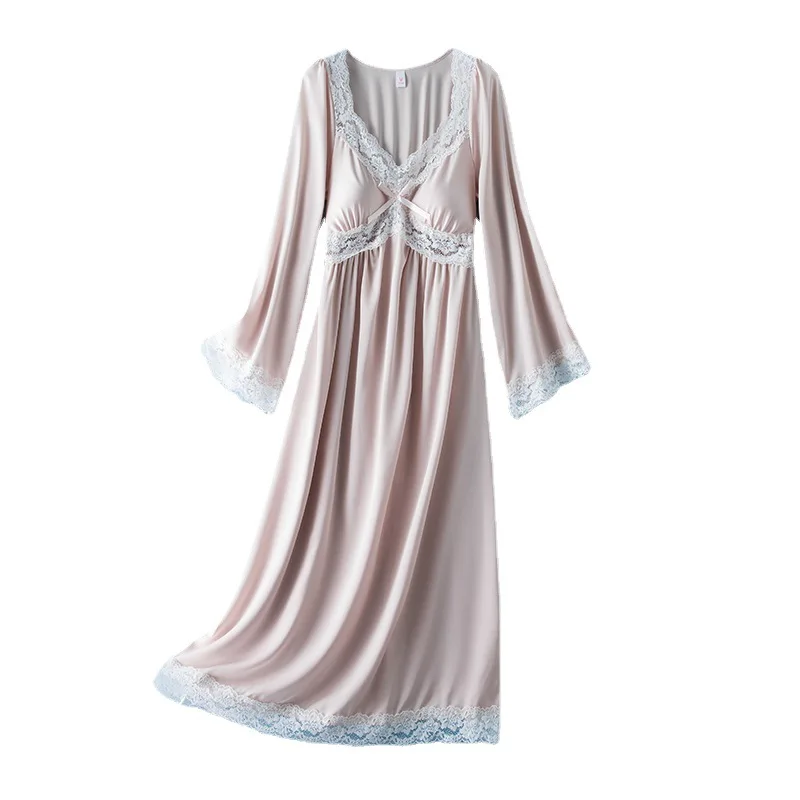 

Women's Spring and Summer Long-sleeved Cute Sweet Girl Lace Hollow Design Silk Long Style Sleep Night Dress Home Clothes Pajamas