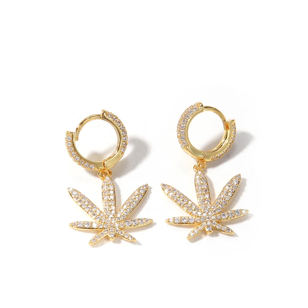 

Hot selling new leaf fashion hip-hop earrings trend copper AAA zircon earrings