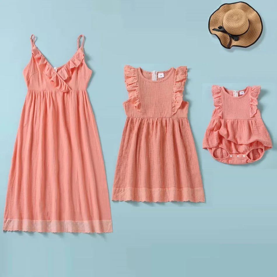 

summer Mother Daughter pink long Dresses matching family outfitsmommy and me clothes mother and daughter family look set