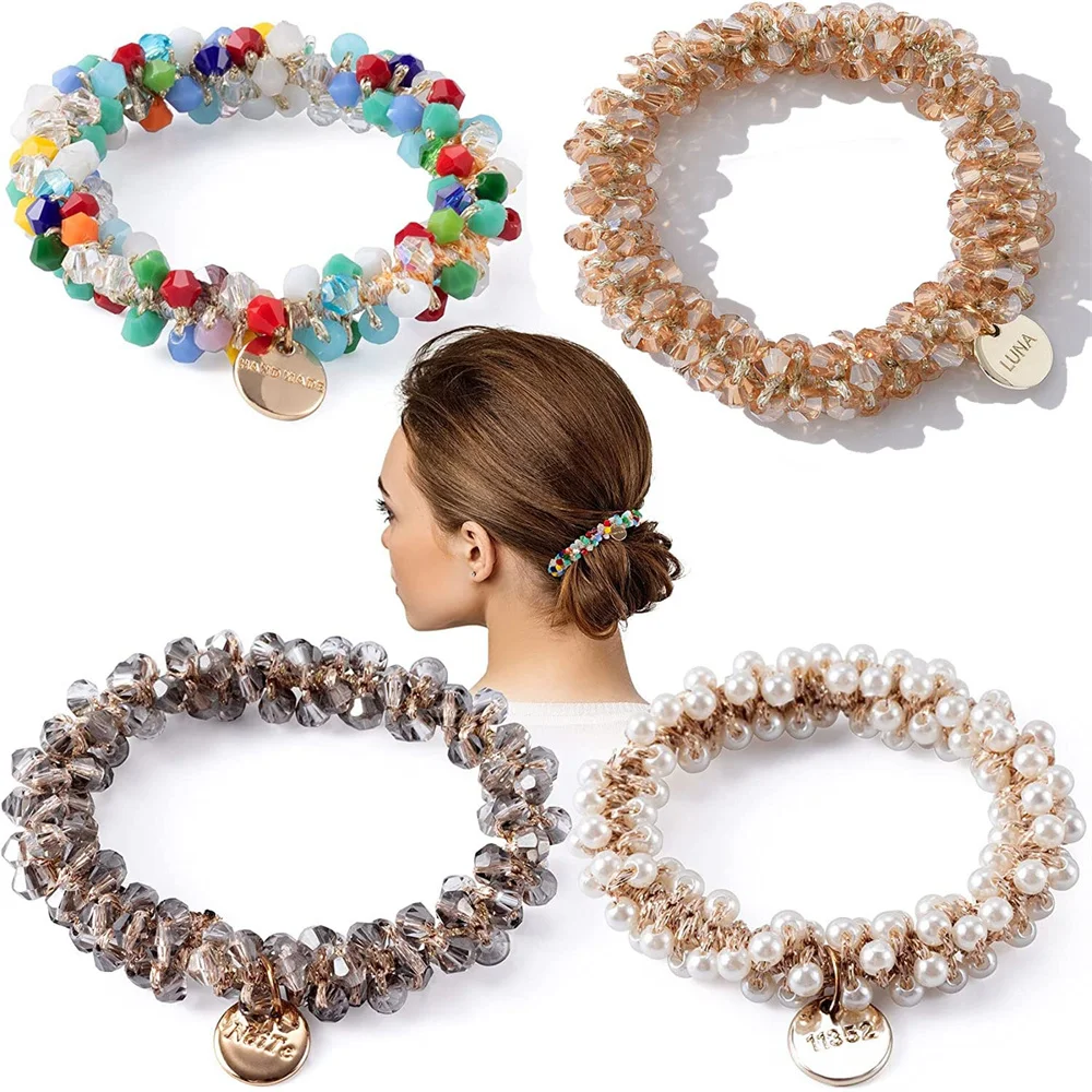 

Women Shiny Crystal Hair Rop Handmade Elastic Beaded Ponytail Holders Eneglant Pearl Hair Ties For Girl Fashion Hair Accessories