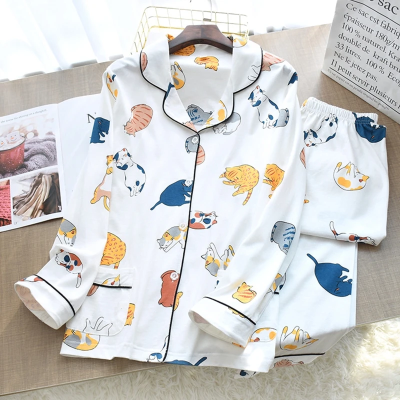 Women Spring Summer Pajamas Set Long Sleeve Lapel Button Up Top Loose Pants Funny Cartoon Print Sleepwear 37JB