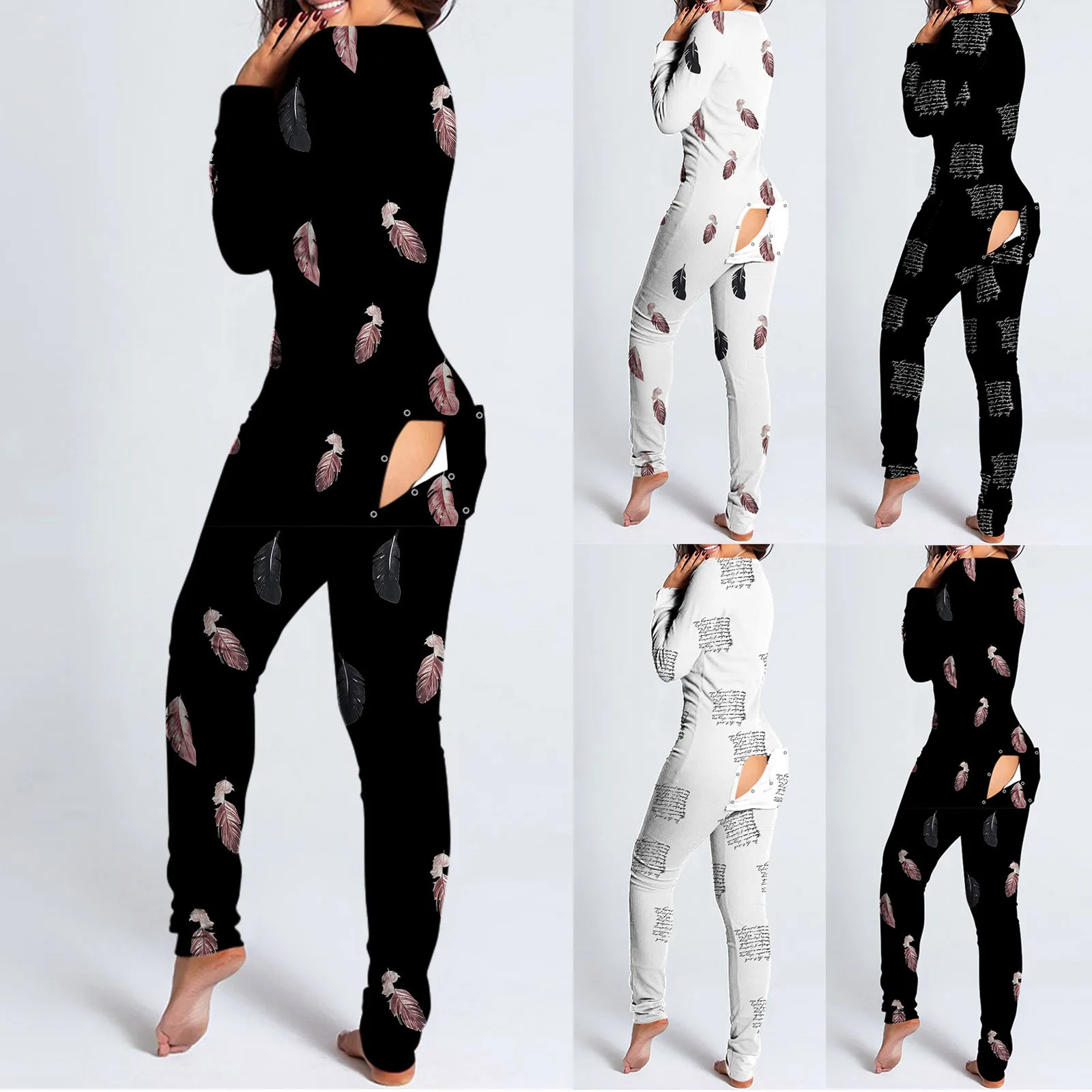 

Sexy Pijamas Women Cutout Functional Buttoned Flap Adults Pajamas Casual Long Sleeve V-neck Club Jumpsuit Female Home Sleepwear