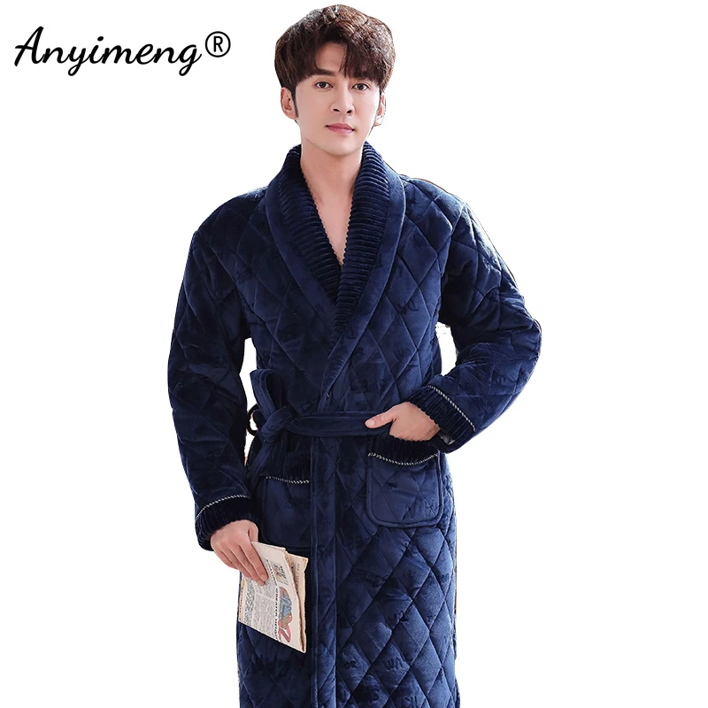 

Халат-кимоно мужской фланелевый 3-слойный, бархатный домашний халат, домашняя одежда, теплый халат, большой размер, королевский синий, зима