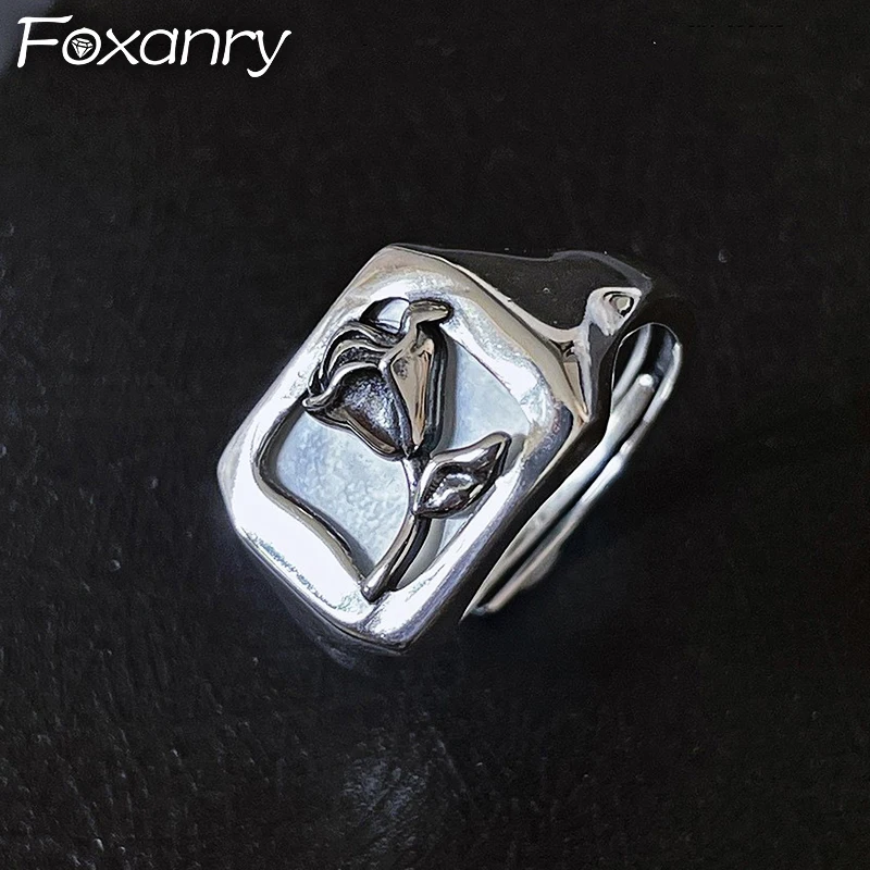 

DAYIN Thai Silver Color Flower Rings For Women Couples New Fashion Vintage Punk Geometric Handmade Birthday Party Jewelry Gift