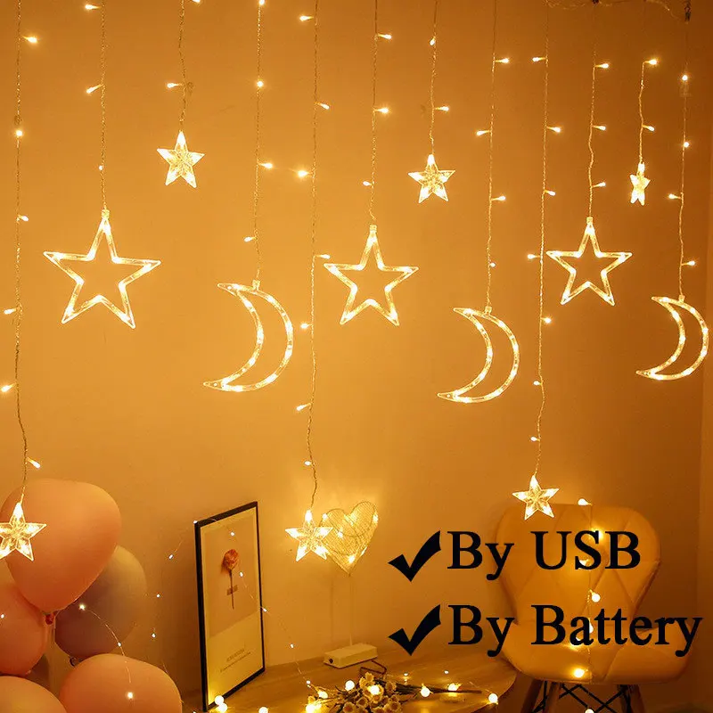 

Рождественская гирлянда, гирлянда, светодиодная гирлянда со звездами, луной, гирлянда, занавеска на окно, украшение для помещений, рождеств...