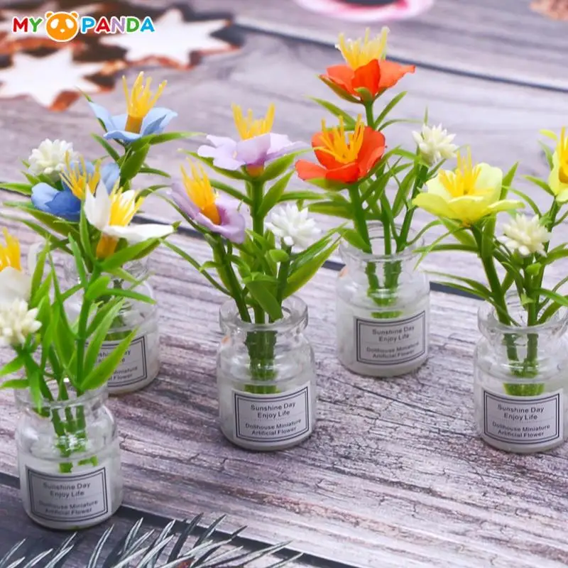 

1Pc 1:12 Dollhouse Miniature Plant Silk Chrysanthemum Flower Pot Potted Plants w/Vase Simulation Daisy Model Home Decor Toy