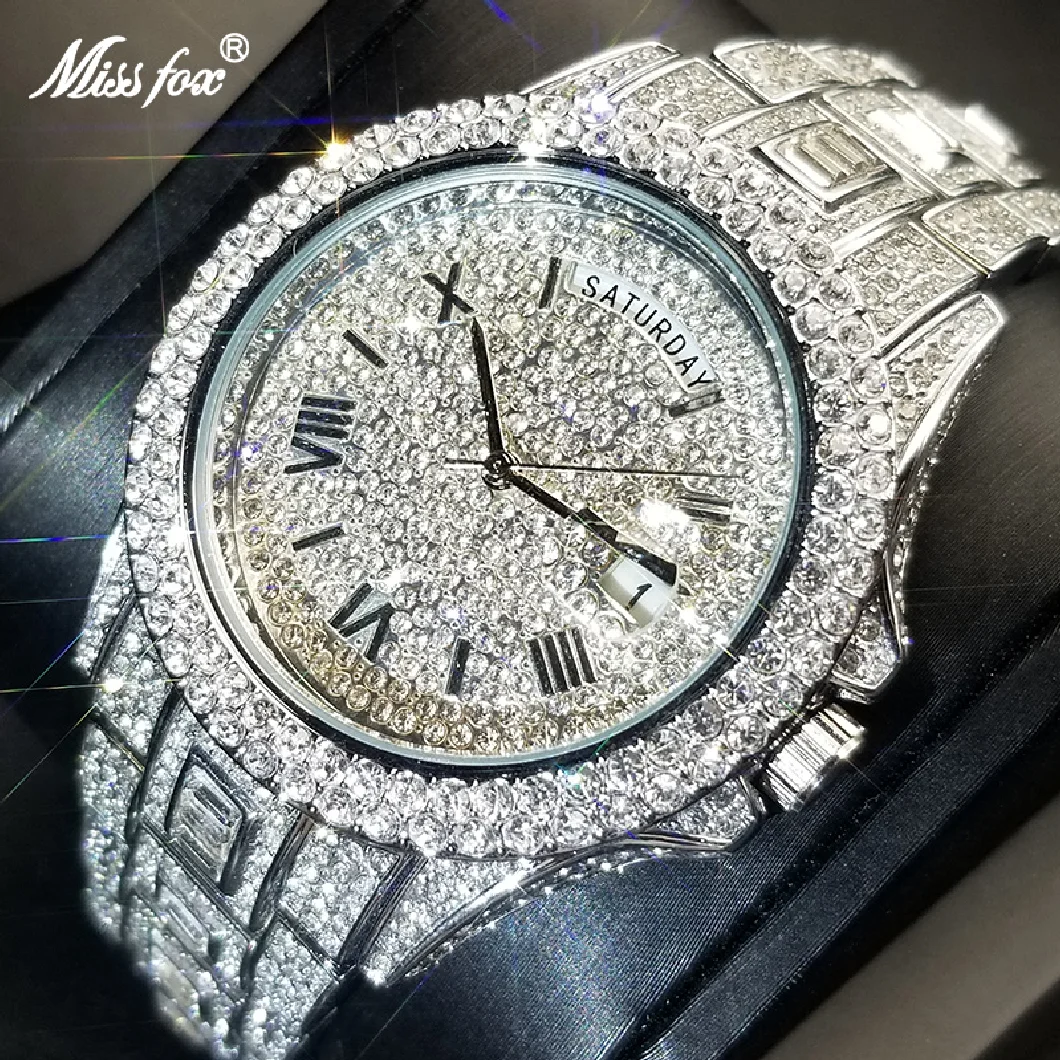 

MISSFOX New Day Date Watch For Men Luxury Full Diamond Silver Quartz Wristwatch Hip Hop Ice Out Waterproof Watches Dropshipping