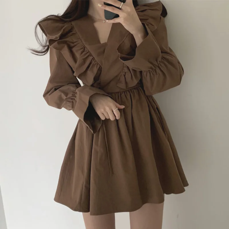 

SONDR Women Dress V-neck Sexy Bandage Dresses Cross Ruffled Lace Waist Flared Sleeve Ladies Skirt Spring and Autumn