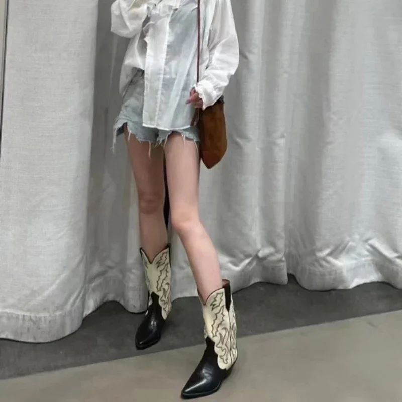 Женские ковбойские сапоги в стиле вестерн с вышивкой модные рыцарские длинные