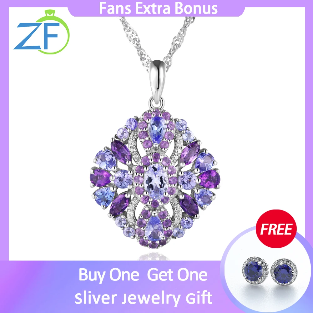 GZ ZONGFA Genuine 925 Sterling Silver Pendant for Women Natural Amethyst Tanzanite Square Crystal Necklace Gemstone Fine Jewelry