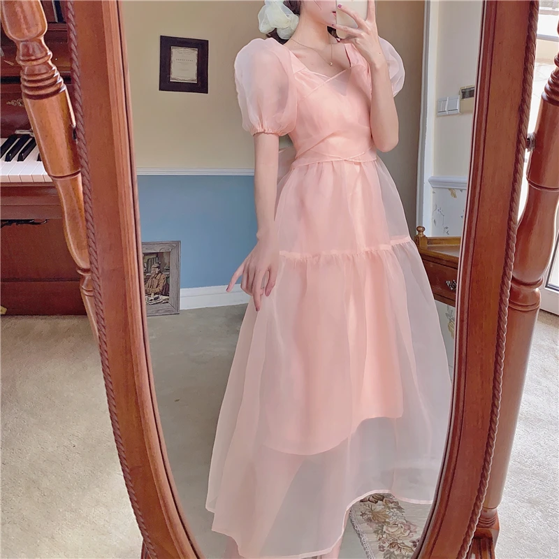 

Women Summer V-Neck Lolita Dress Sweet Bow Lace-Up Fairy Dress Elegant Vintage Girls Puff Sleeve Pink Party Midi Dresses Robe