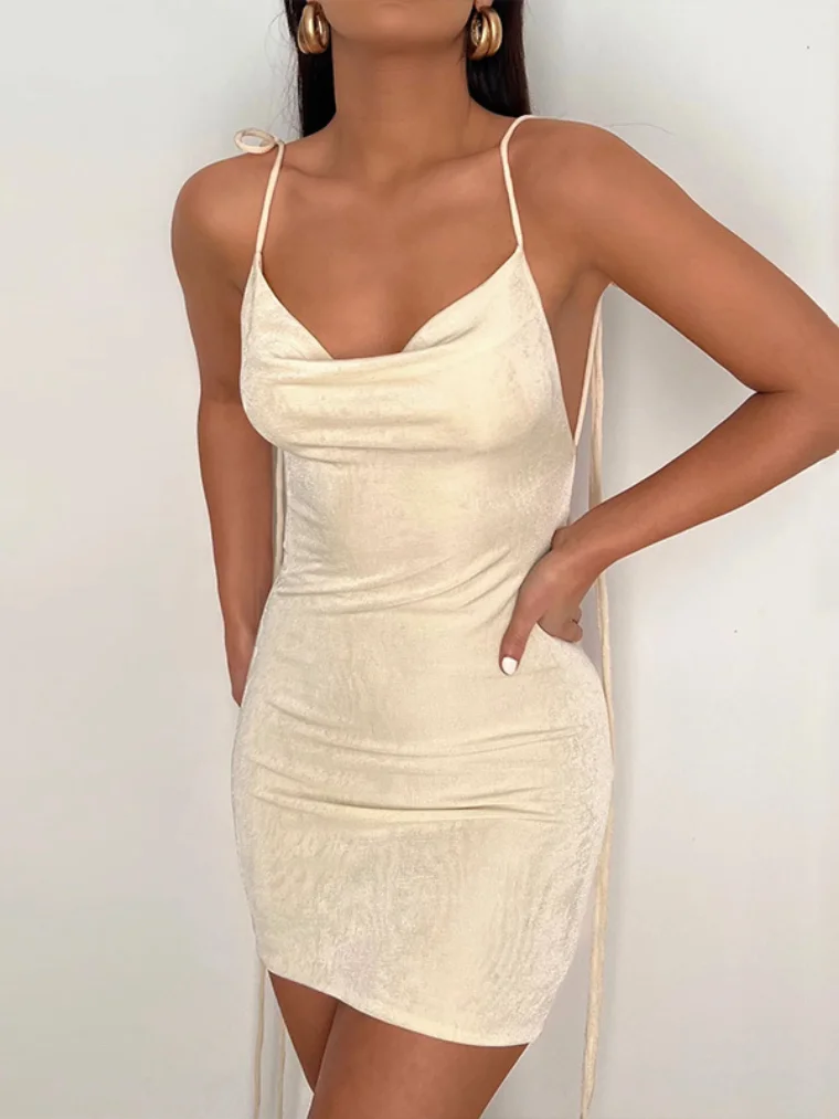 

Woman Clothes 2023 Summer Fashion Lace-up Backless Mini Slip Dresses Sexy Girls Solid Bodycon Package Hip Bandage Party Vestido