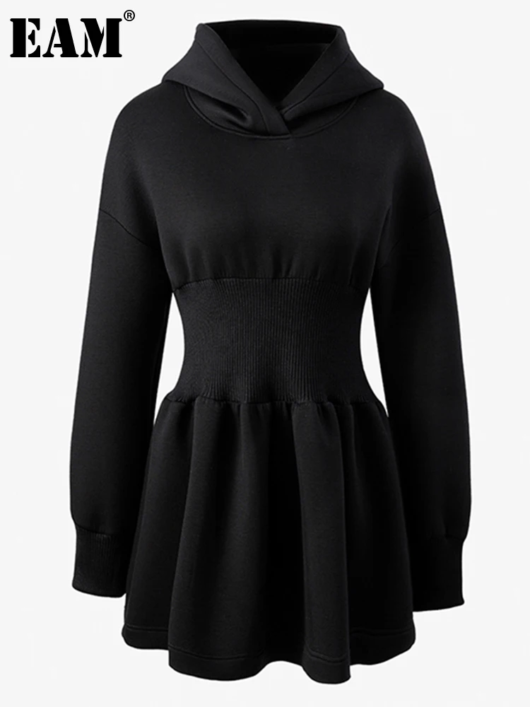

[EAM] Women Black Spliced Knitting Elastic Waist Dress New Hooded Long Sleeve Loose Fit Fashion Tide Autumn Winter 2023 1DD2429