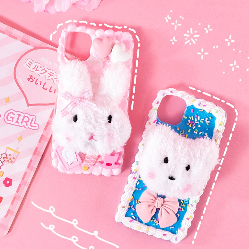 

Plush Toy Bear Bunny Cartoon Pink Cream Glue DIY Phone Case Cover For iPhone 6 6s Plus 7 8 X XS XR 11 12 Mini 13 Pro Max