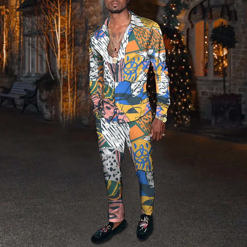 New Spring Autumn Men's Latest Leopard 3D Print Long Sleeve Shirt with Casual Pants 2 Piece Combination Suit Party Everyday Wear