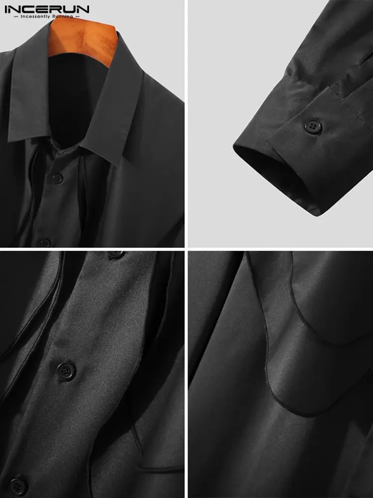 INCERUN Tops 2022 American Style Handsome New Men Lapel Layered Bow Blouse Fashion Party Wear Male Tie Long-sleeved Shirts S-5XL