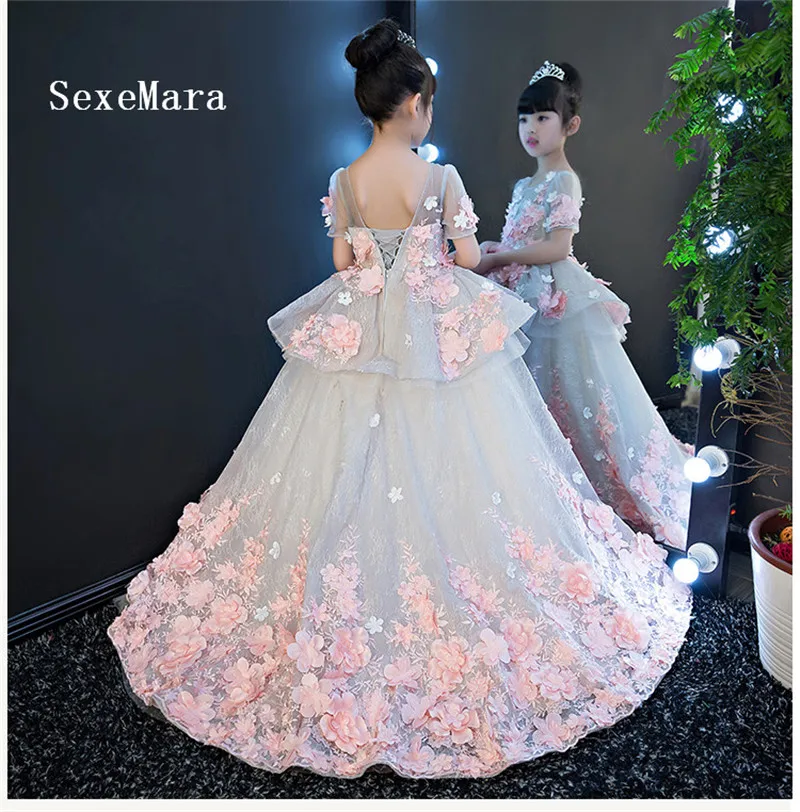 Luxury Flower Girl Dresses Ball Gowns 3D Flowers Applique Lace Princess Pageant Children Birthday Party Clothes | Детская одежда и