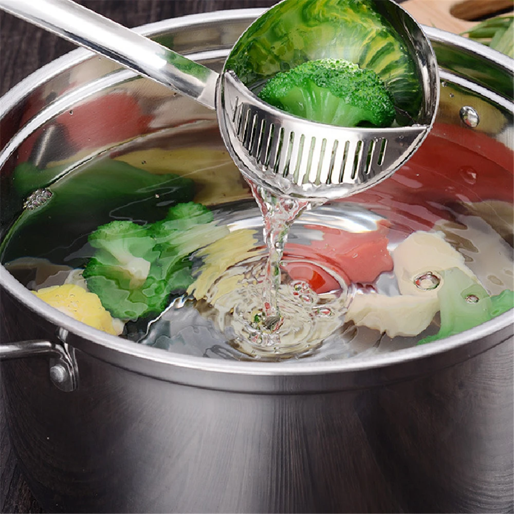 

2-in-1 Stainless Steel Long Handle Soup Ladle Thickened Hot Pot Soup Spoon Colander Wall-mounted Cooking Colander