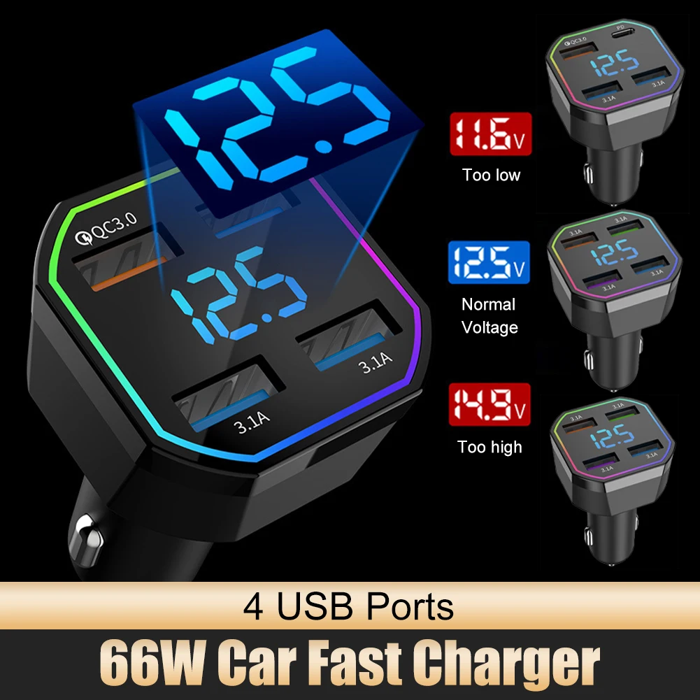 

66W 4 Ports USB Car Charger 12V/24V Fast Charging Adapter PD QC3.0 Type C Quick Charger Adapter For IPhone Xiaomi Huawei Samsung