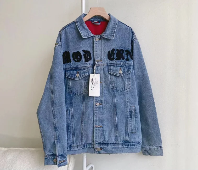 

Весна 2022 вышитая Мужская и женская джинсовая куртка с вышивкой сзади розовая Тяжелая промышленная джинсовая куртка