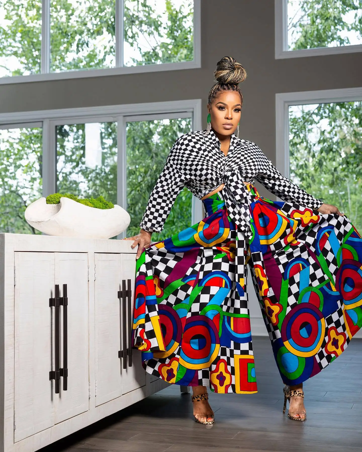 

Модные женские широкие брюки с высокой талией и эластичным поясом, разноцветные брюки в богемном стиле, осень 2023