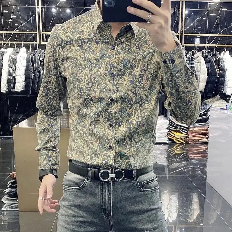 

2022 New Men's Shirts Fashion Trend Personality Printed Shirts Slim Fit Oversized Lapel Long Sleeve Flower Shirts Men's